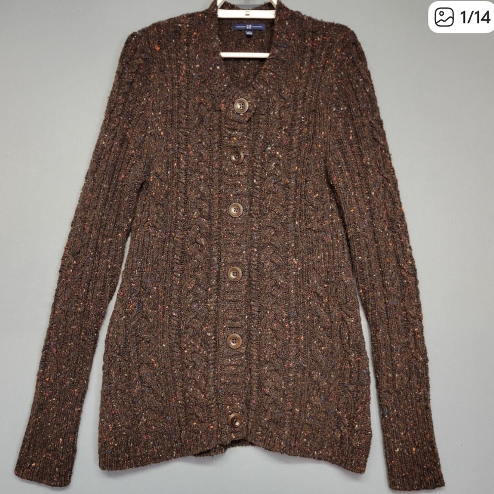 Vintage GAP Cardigan Sweater Womens L Brown Wool Blend Cable Knit Button Chunky